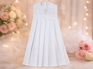 Taufaufleger Taufkleid Falte Motiv gestickt in gold Kreuz breit + weiße Spitze