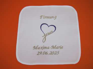 Tuch Kommunion Taufe Konfirmation Firmung---Mittig Motiv Kreuz-Fisch-Taube, darüber der Anlass z.b. Taufe, unter dem Motiv dann Name und da darunter das Datum