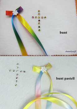 Satinschleife bunt und bunt pastell mit passendem Kreuz aus Glassteinen