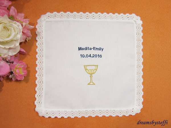 Tuch Kommunion Taufe Spitze Stickerei Motiv Name + Datum