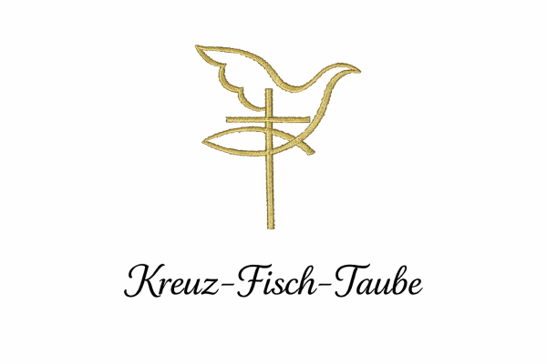 Gesticktes Motiv Kreuz-Fisch-Taube in gold