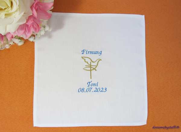 Tuch Kommunion Taufe Konfirmation Firmung---Mittig Motiv Kreuz-Fisch-Taube, darüber der Anlass z.b. Taufe, unter dem Motiv dann Name und da darunter das Datum