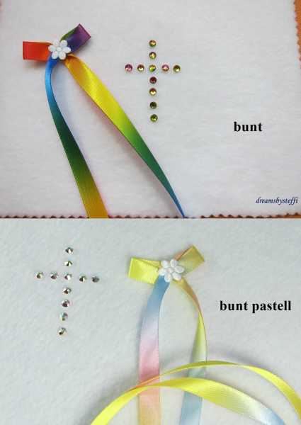 Satinschleife bunt und bunt pastell mit passendem Kreuz aus Glassteinen
