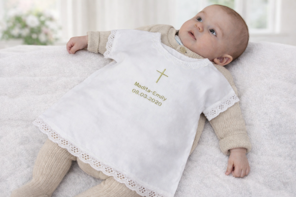 Taufauflger mit Spitze. Mit gesticktem goldenem Kreuz und darunter gestickter Name darunter Datum