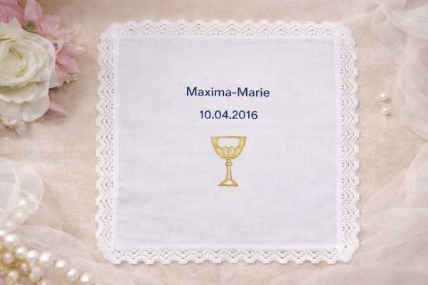 Tuch Kommunion Taufe Spitze Stickerei Motiv Name + Datum---Stickerei goldener Kelch darüber zuerst das Datum und da drüber der Name in blau