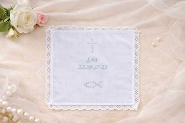 Tuch Taufe Stickerei Spitze Motiv Glassteine Name + Datum---Mittig gestickter Name darunter das Datum. Über Name Kreuz aus Glassteinen und unter Datum Motiv Fisch auch aus Glassteinen