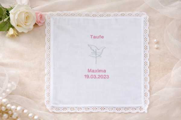 Tuch Spitze Kommunion Taufe Konfirmation Firmung---Mittig Motiv Kreuz-Fisch-Taube, darüber der Anlass z.b. Taufe, unter dem Motiv dann Name und da darunter das Datum