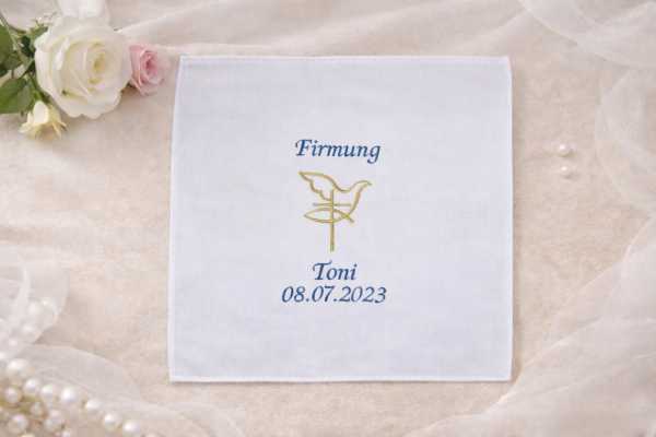 Tuch Kommunion Taufe Konfirmation Firmung---Mittig Motiv Kreuz-Fisch-Taube, darüber der Anlass z.b. Taufe, unter dem Motiv dann Name und da darunter das Datum